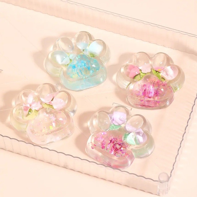 Jucarie Antistres Squishy, Flippy, Labuta de Pisica Pufoasa, cu Revenire Lenta, 7 x 6.5 cm, Model Flori 1, Transparent [5]
