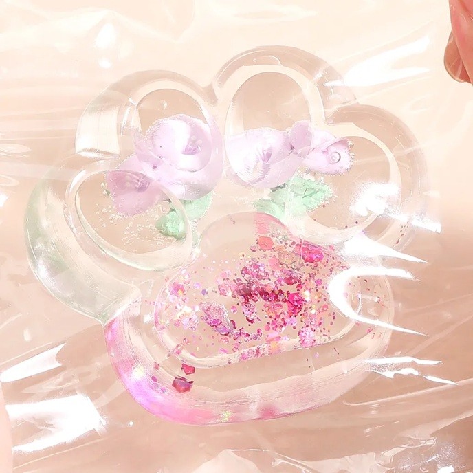 Jucarie Antistres Squishy, Flippy, Labuta de Pisica Pufoasa, cu Revenire Lenta, 7 x 6.5 cm, Model Flori 1, Transparent [4]