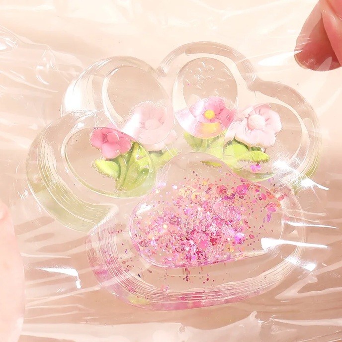 Jucarie Antistres Squishy, Flippy, Labuta de Pisica Pufoasa, cu Revenire Lenta, 7 x 6.5 cm, Model Flori 1, Transparent [3]