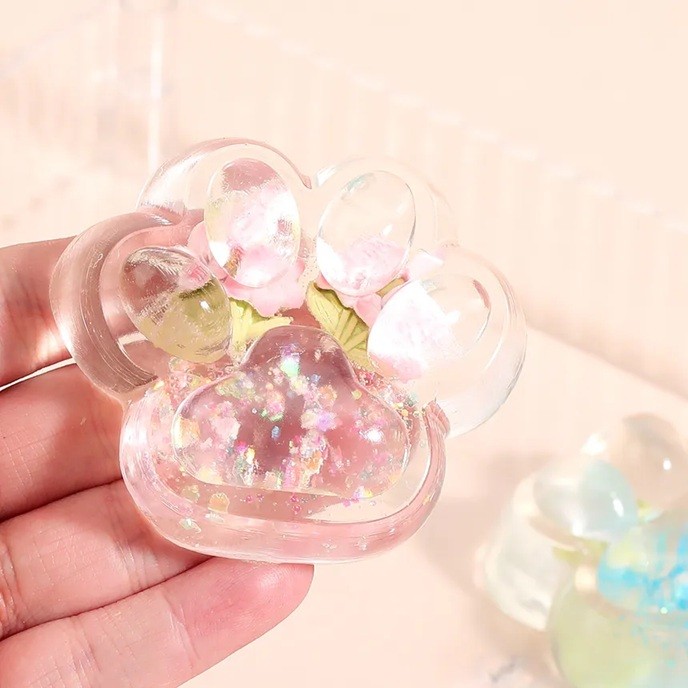 Jucarie Antistres Squishy, Flippy, Labuta de Pisica Pufoasa, cu Revenire Lenta, 7 x 6.5 cm, Model Flori 1, Transparent [6]