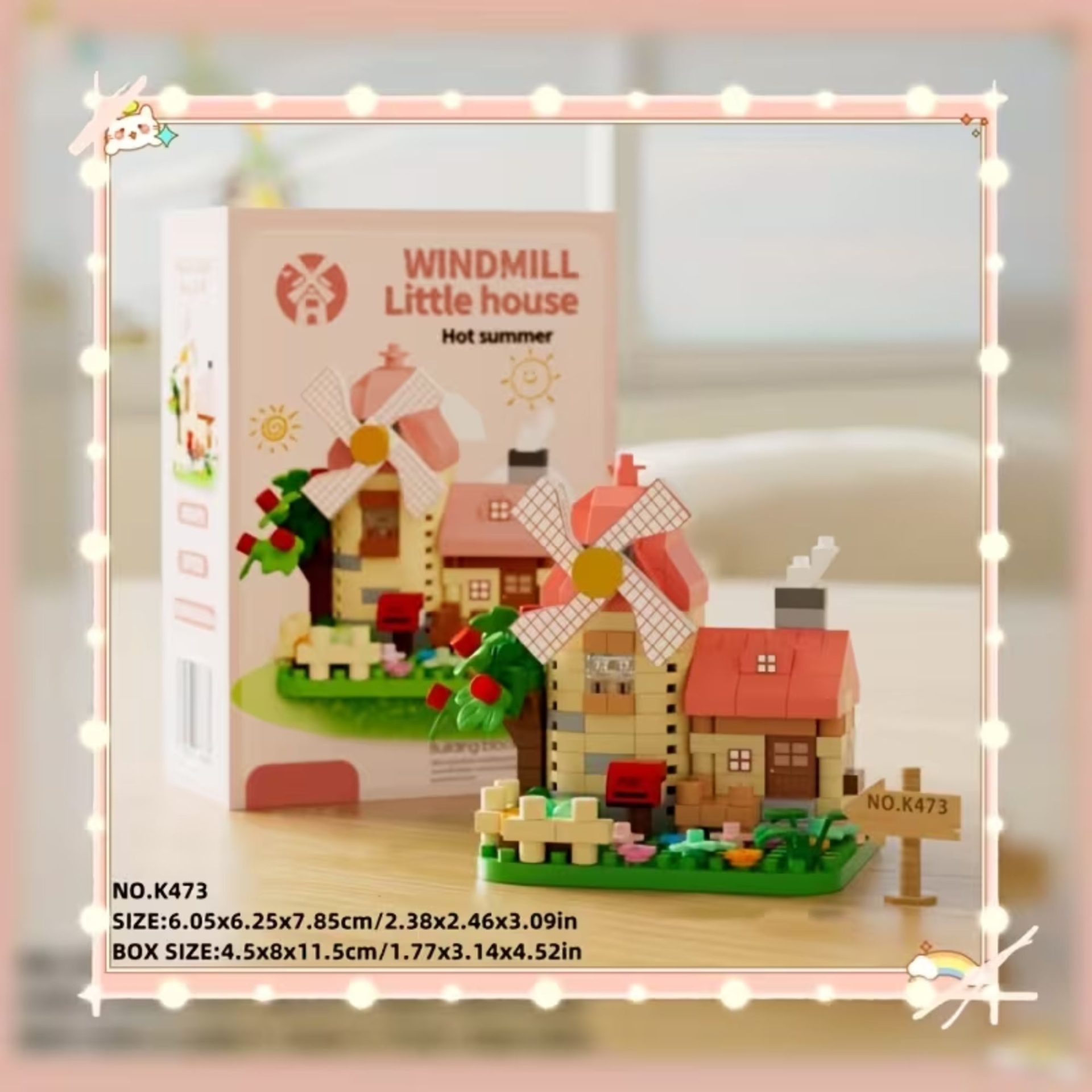 Set de Constructie, Flippy, Model Miniatura Moara de Vant, Jucarie Educativa STEM, Model 3D, Micro-Caramizi, 319 piese, +6 Ani, cm, 11.5 x 8 x 4.5 cm, Roz [1]