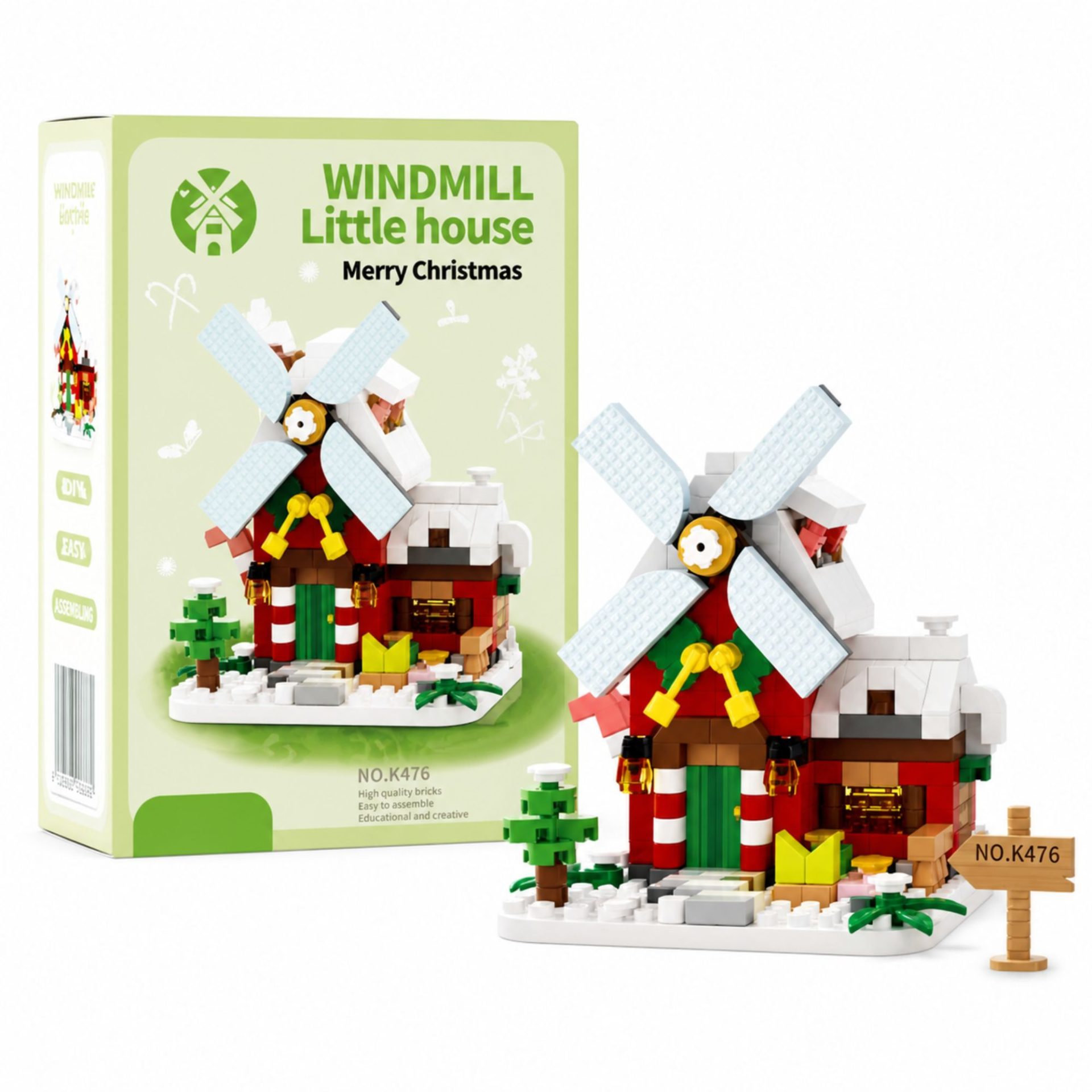 Jucării, copii și bebe - Set de Constructie, Flippy, Model Miniatura Moara de Vant, Jucarie Educativa STEM, Model 3D, Micro-Caramizi, 288 piese, +6 Ani, cm, 11.5 x 8 x 4.5 cm, Verde