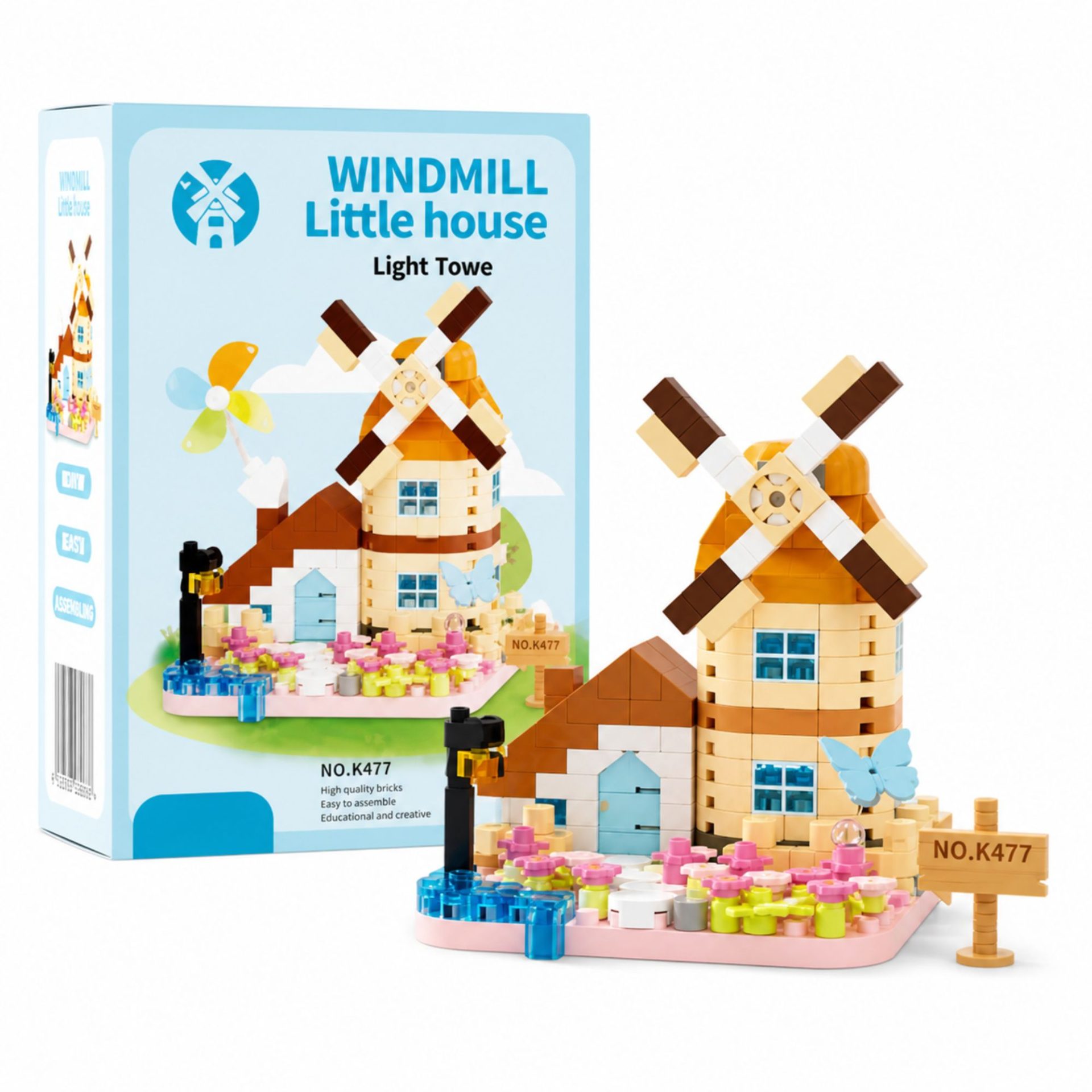 Jucării, copii și bebe - Set de Constructie, Flippy, Model Miniatura Moara de Vant, Jucarie Educativa STEM, Model 3D, Micro-Caramizi, 283 piese, +6 Ani, cm, 11.5 x 8 x 4.5 cm, Albastru