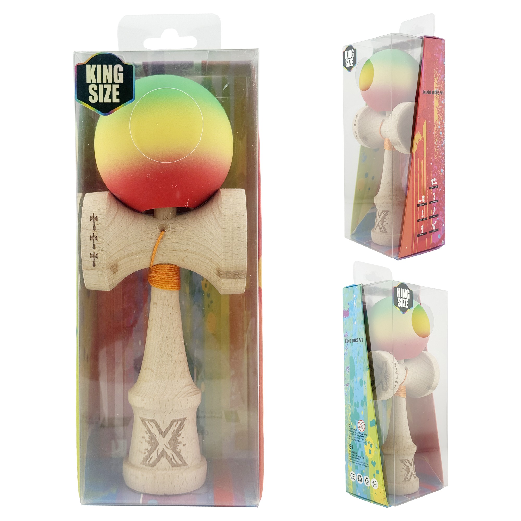 Kendama X Originala, Profesionala, Flippy, Big Cups V2, Rubber Grip cu Cupe Mari, Rulment Metalic cu Ata 55 cm, Verde/Galben/Rosu [8]