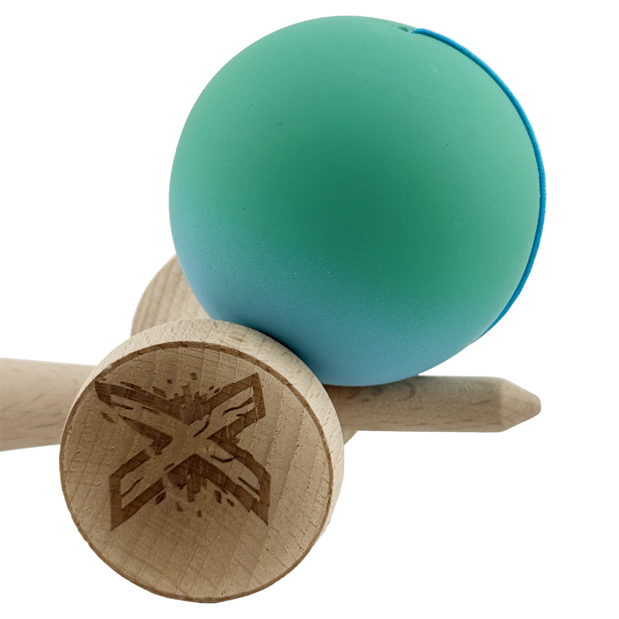 Kendama X Originala, Profesionala, Flippy, Big Cups V2, Rubber Grip cu Cupe Mari, Rulment Metalic cu Ata 55 cm, Verde/Albastru [5]