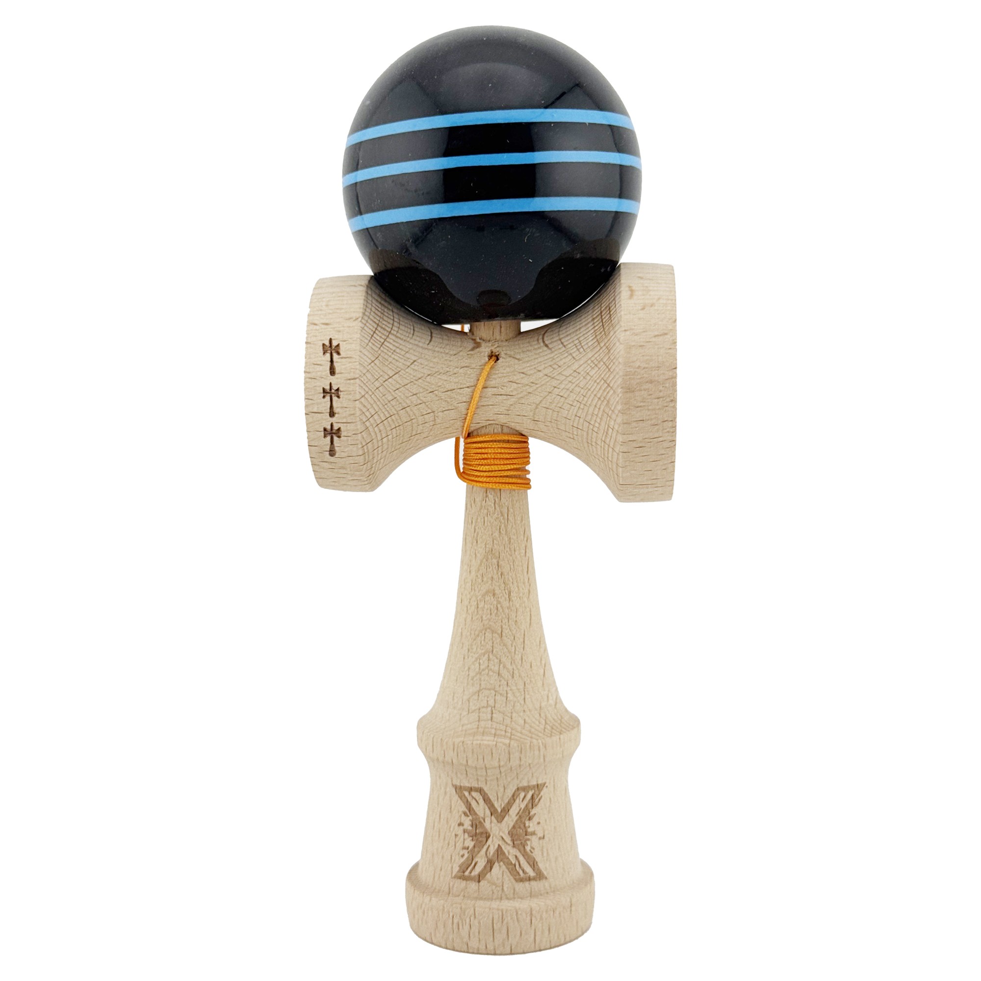 Jucării, copii și bebe - Kendama X Originala, Profesionala, Flippy, Big Cups V2, Super Sticky Legendary Cupe Mari, Rulment Metalic cu Ata 55 cm, Negru/Linii Albastre deschise