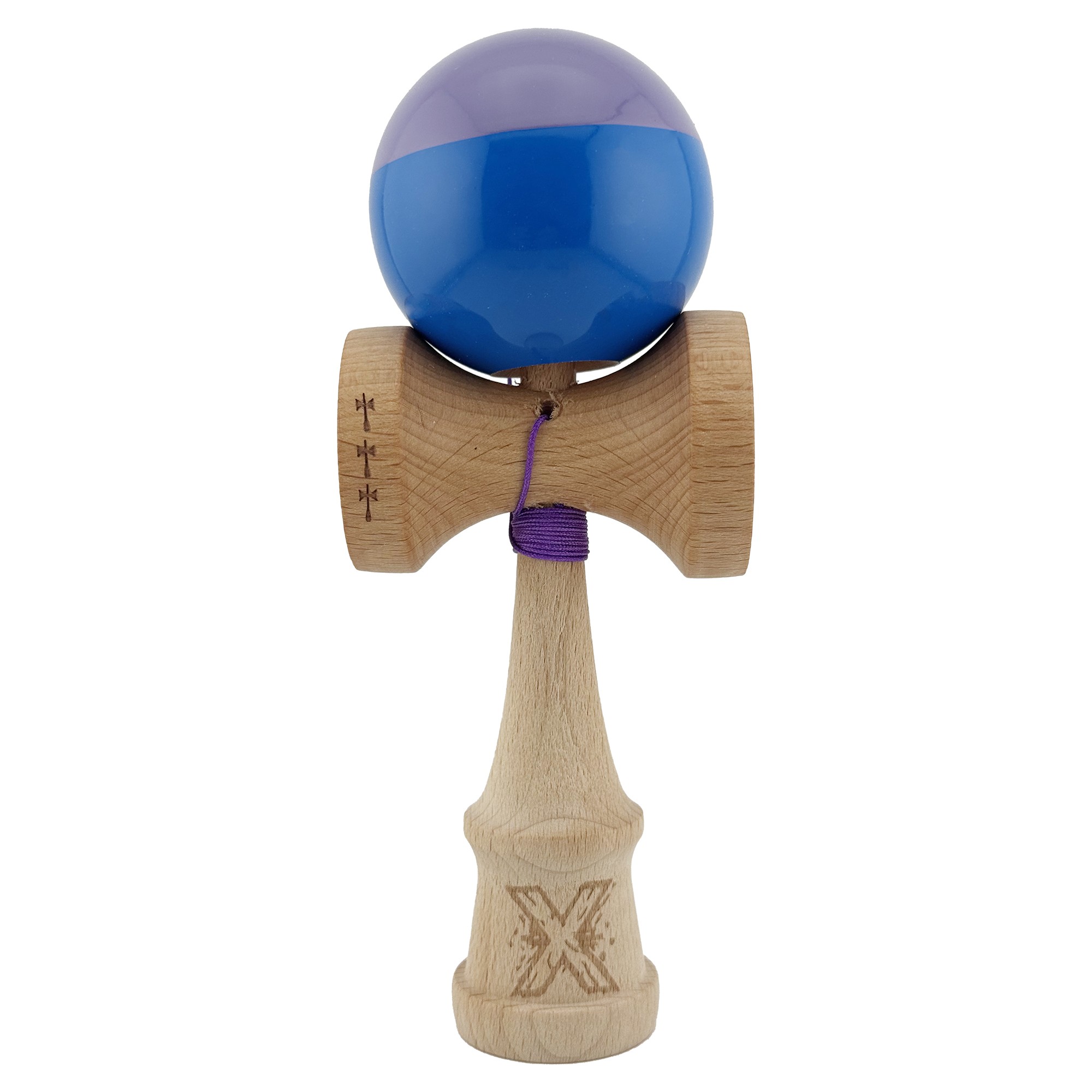 Kendama X Originala, Profesionala, Flippy, Big Cups V2, Super Sticky cu Cupe Mari, Rulment Metalic, din lemn 18 cm, Ata 55 cm, Mov/Albastru [0]