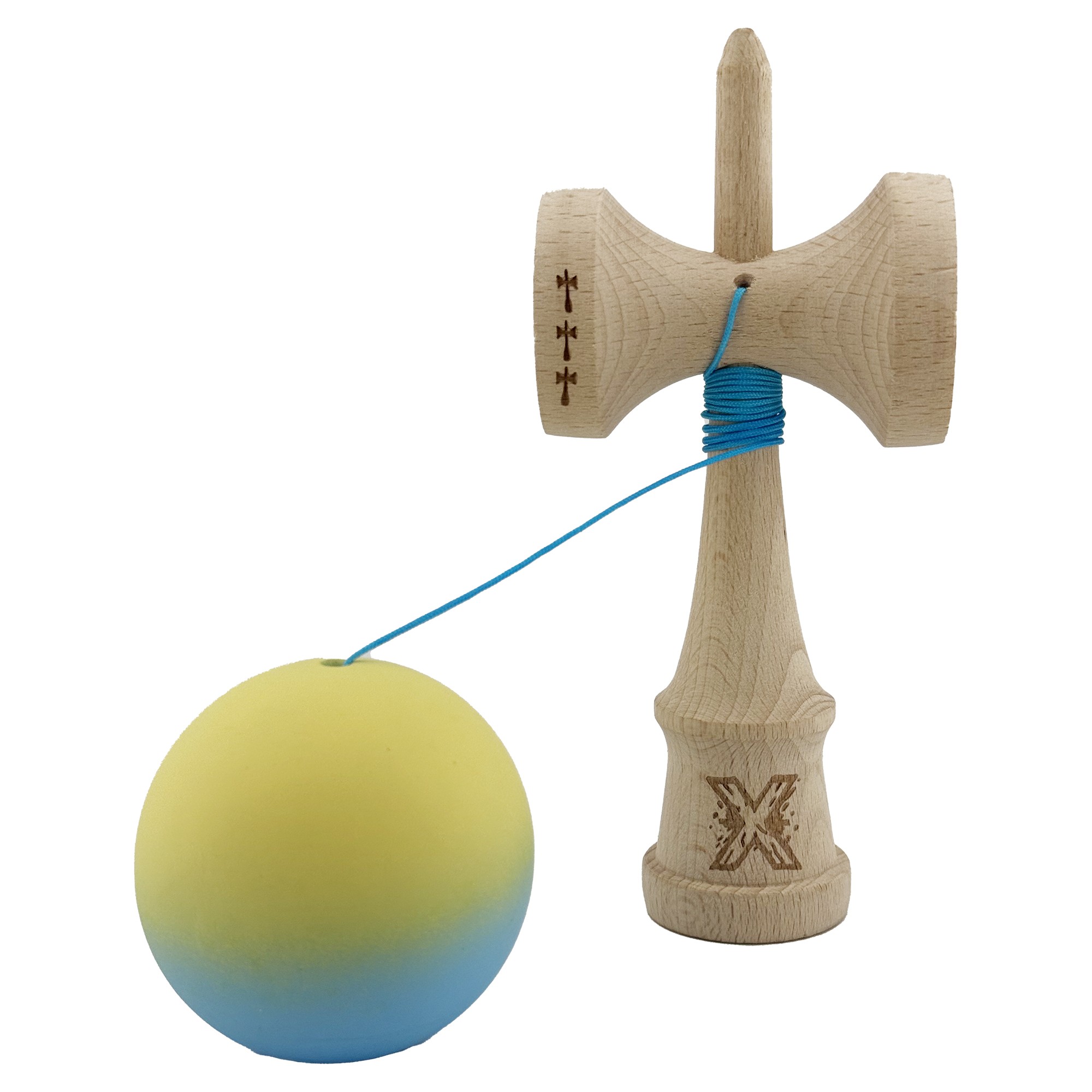Kendama X Originala, Profesionala, Flippy, Big Cups V2, Rubber Grip cu Cupe Mari, Rulment Metalic cu Ata 55 cm, Gradient Galben/Albastru [9]