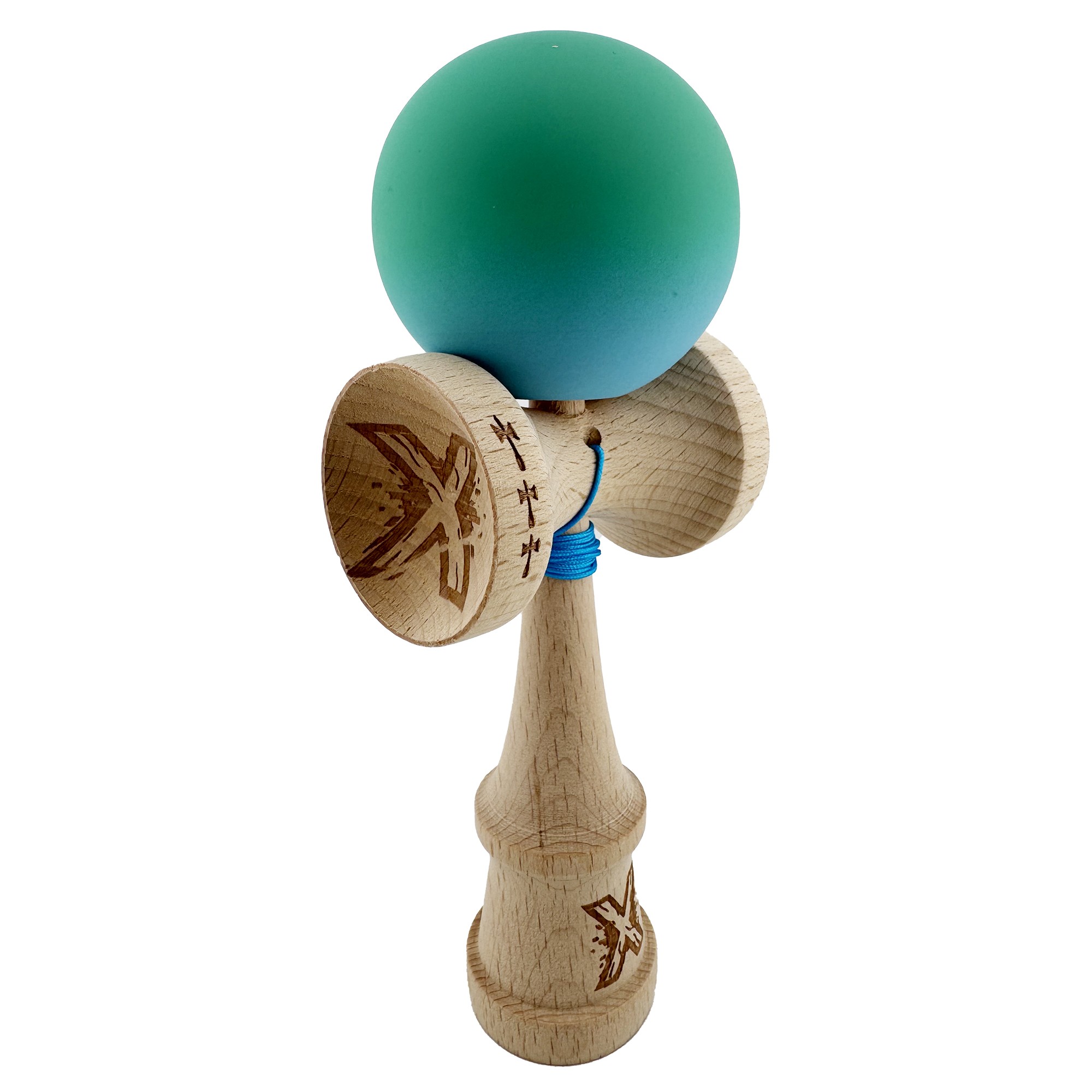 Kendama X Originala, Profesionala, Flippy, Big Cups V2, Rubber Grip cu Cupe Mari, Rulment Metalic cu Ata 55 cm, Verde/Albastru [1]