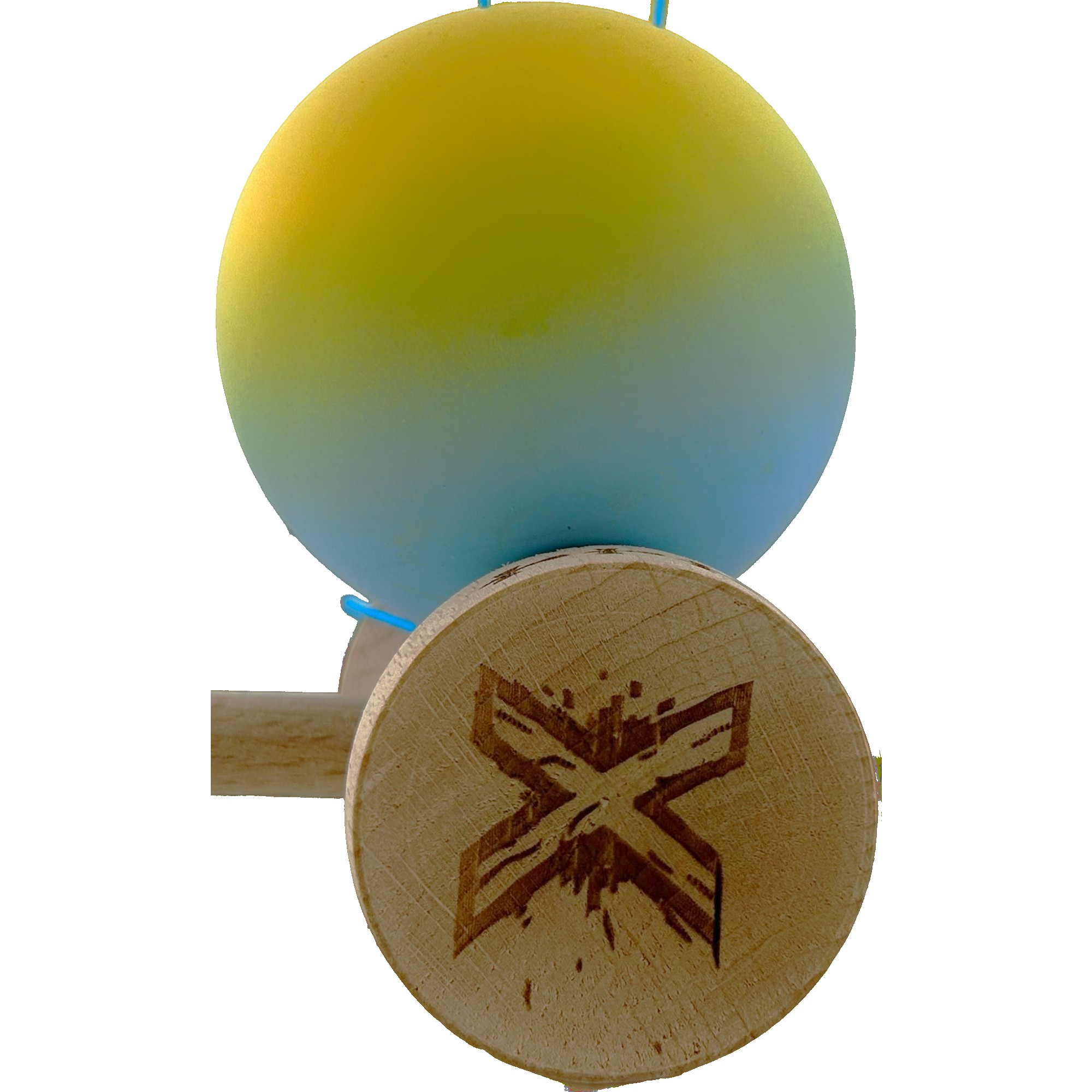 Kendama X Originala, Profesionala, Flippy, Big Cups V2, Rubber Grip cu Cupe Mari, Rulment Metalic cu Ata 55 cm, Gradient Galben/Albastru [4]