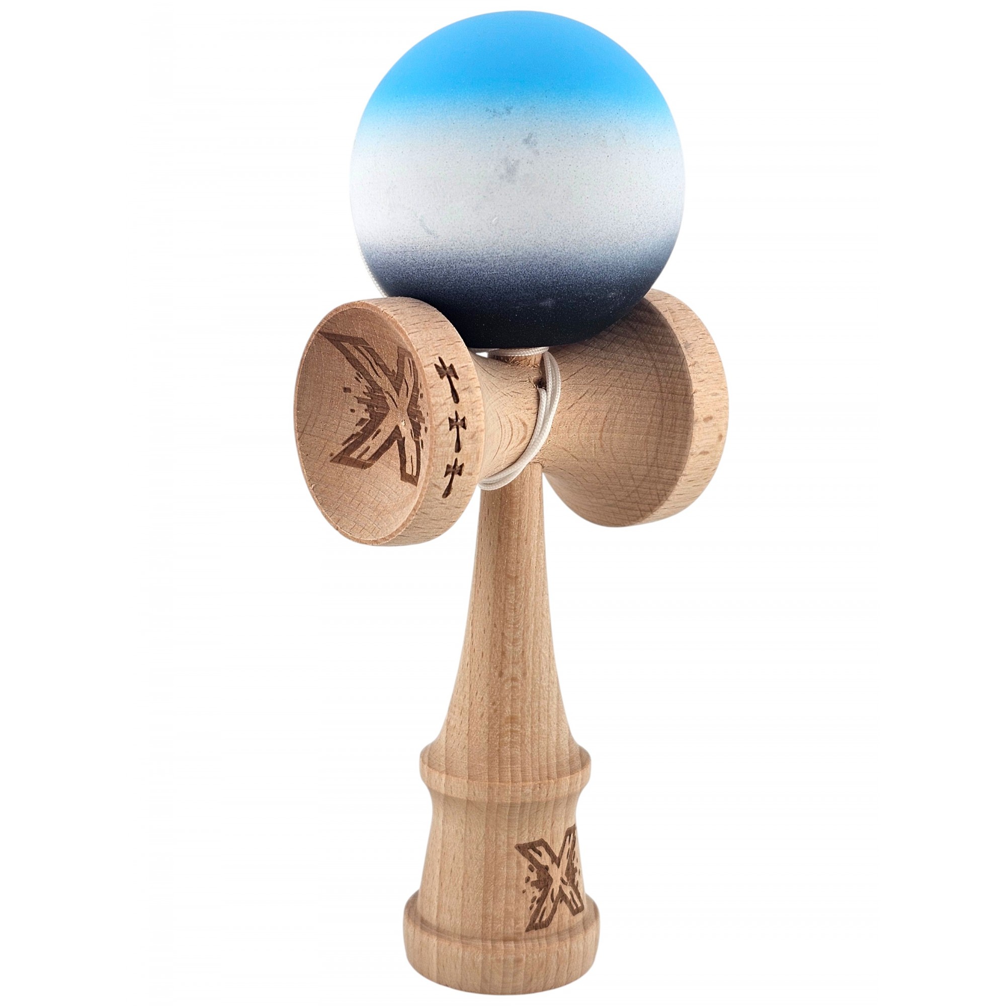 Kendama X Originala, Profesionala, Flippy, Big Cups V2, Rubber Grip cu Cupe Mari, Rulment Metalic cu Ata 55 cm, Gradient Albastru/Alb/Negru [1]