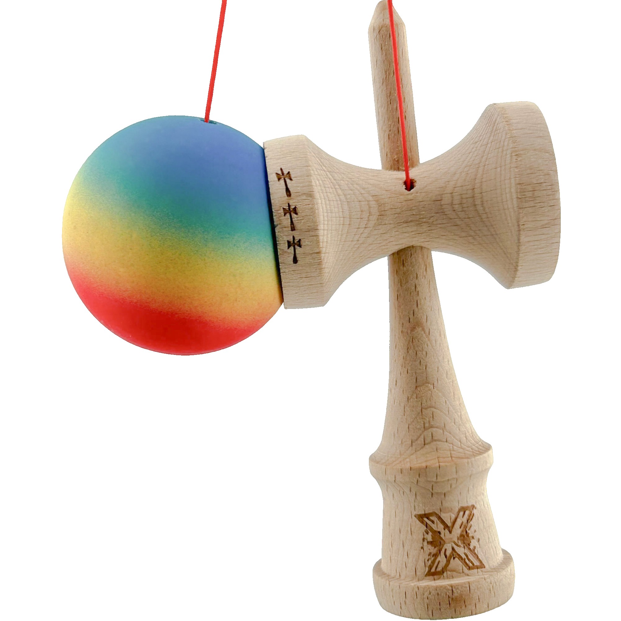 Kendama X Originala, Profesionala, Flippy, Big Cups V2, Rubber Grip cu Cupe Mari, Rulment Metalic cu Ata 55 cm, Gradient Albastru/Galben/Rosu [6]