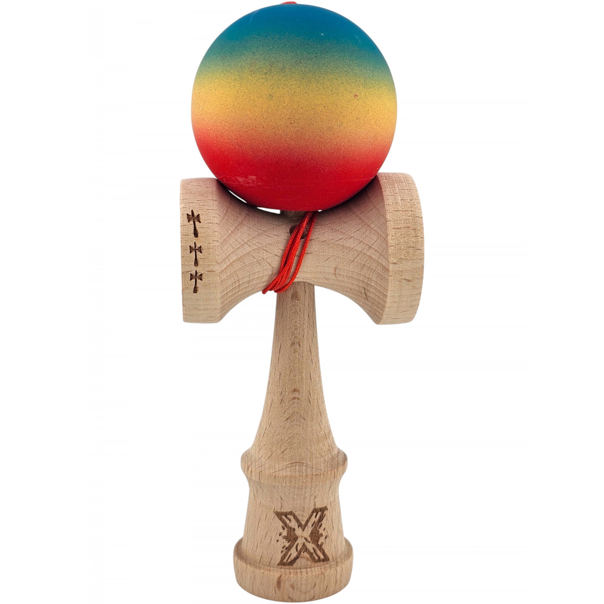 Jucării, copii și bebe - Kendama X Originala, Profesionala, Flippy, Big Cups V2, Rubber Grip cu Cupe Mari, Rulment Metalic cu Ata 55 cm, Gradient Albastru/Galben/Rosu