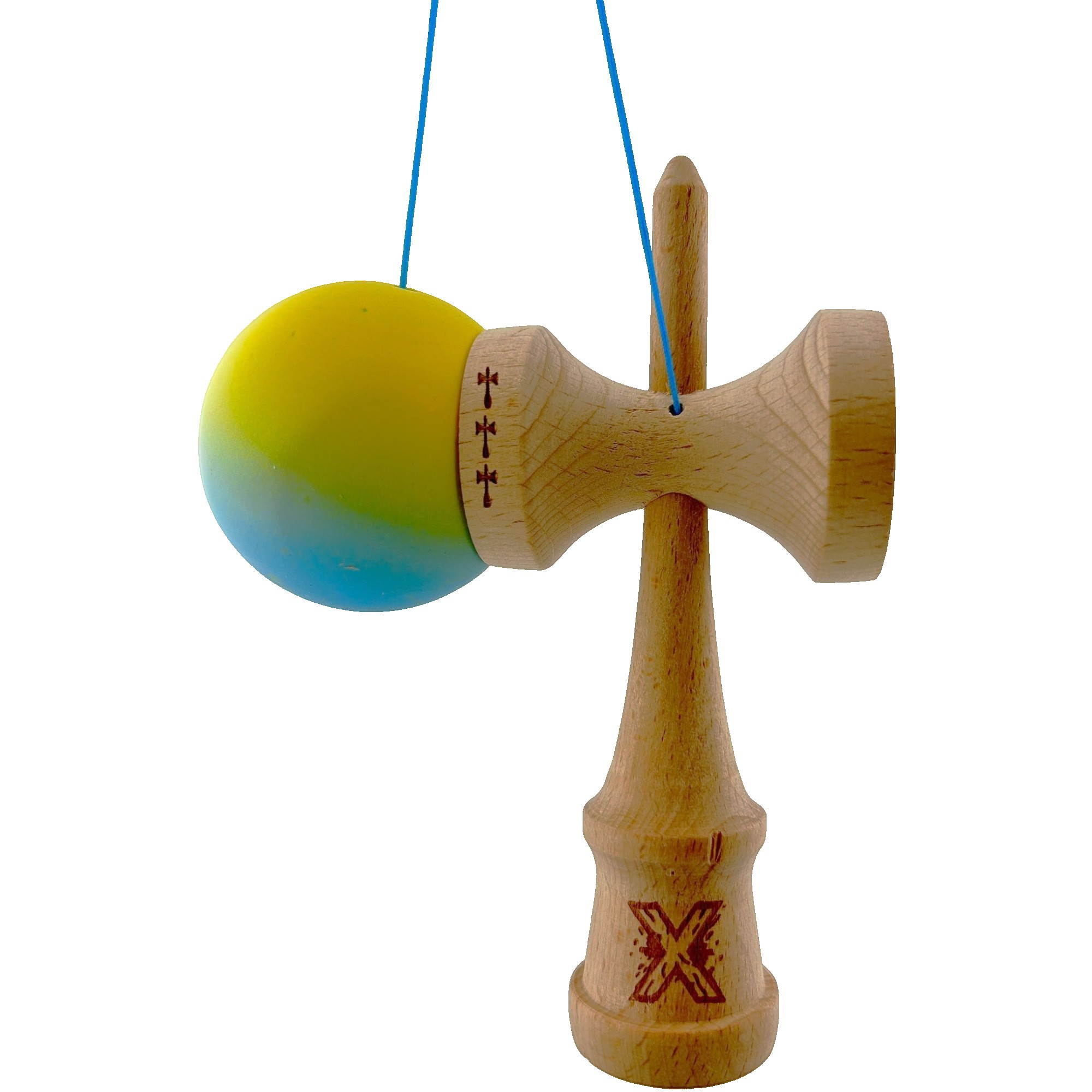 Kendama X Originala, Profesionala, Flippy, Big Cups V2, Rubber Grip cu Cupe Mari, Rulment Metalic cu Ata 55 cm, Gradient Galben/Albastru [5]
