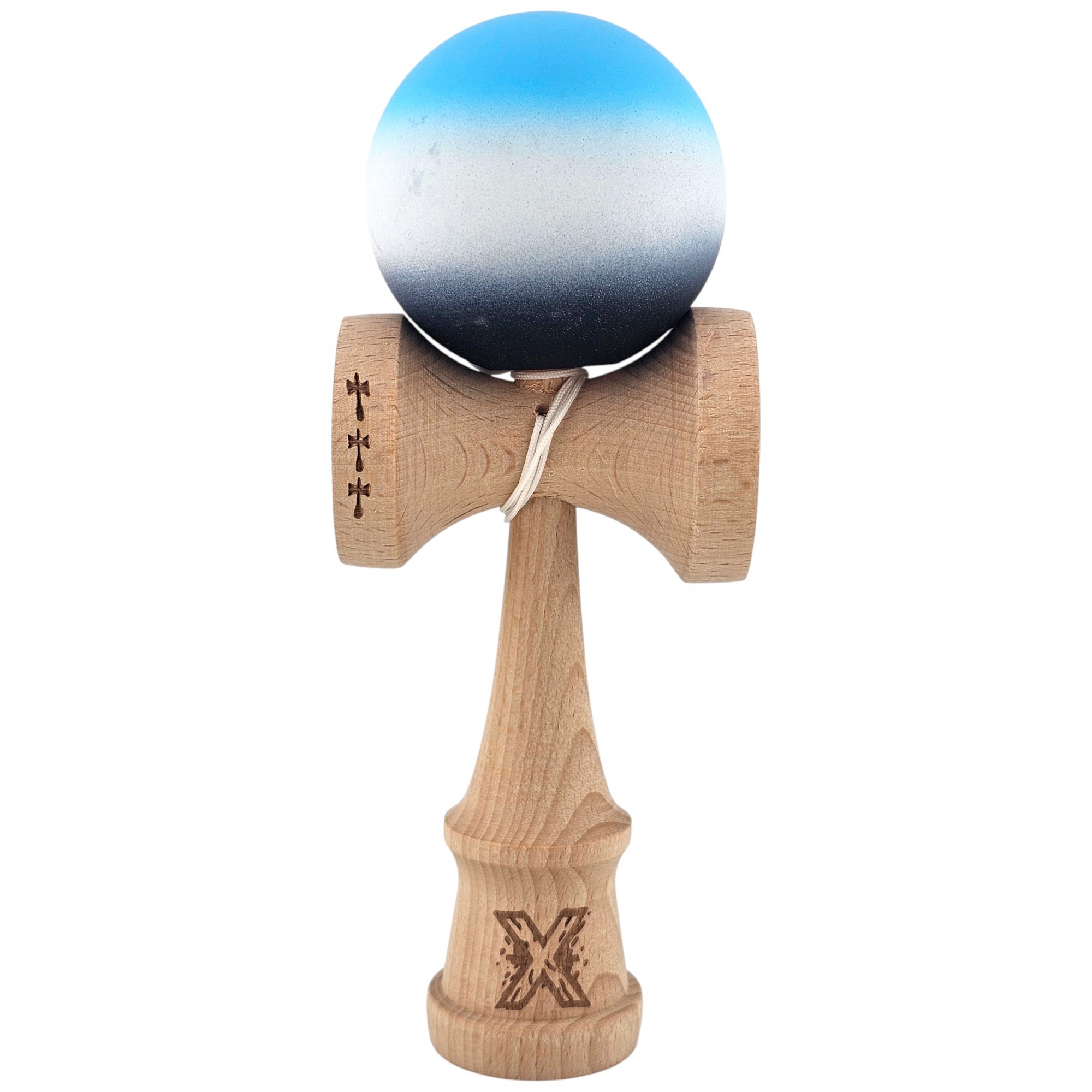 Jucării, copii și bebe - Kendama X Originala, Profesionala, Flippy, Big Cups V2, Rubber Grip cu Cupe Mari, Rulment Metalic cu Ata 55 cm, Gradient Albastru/Alb/Negru