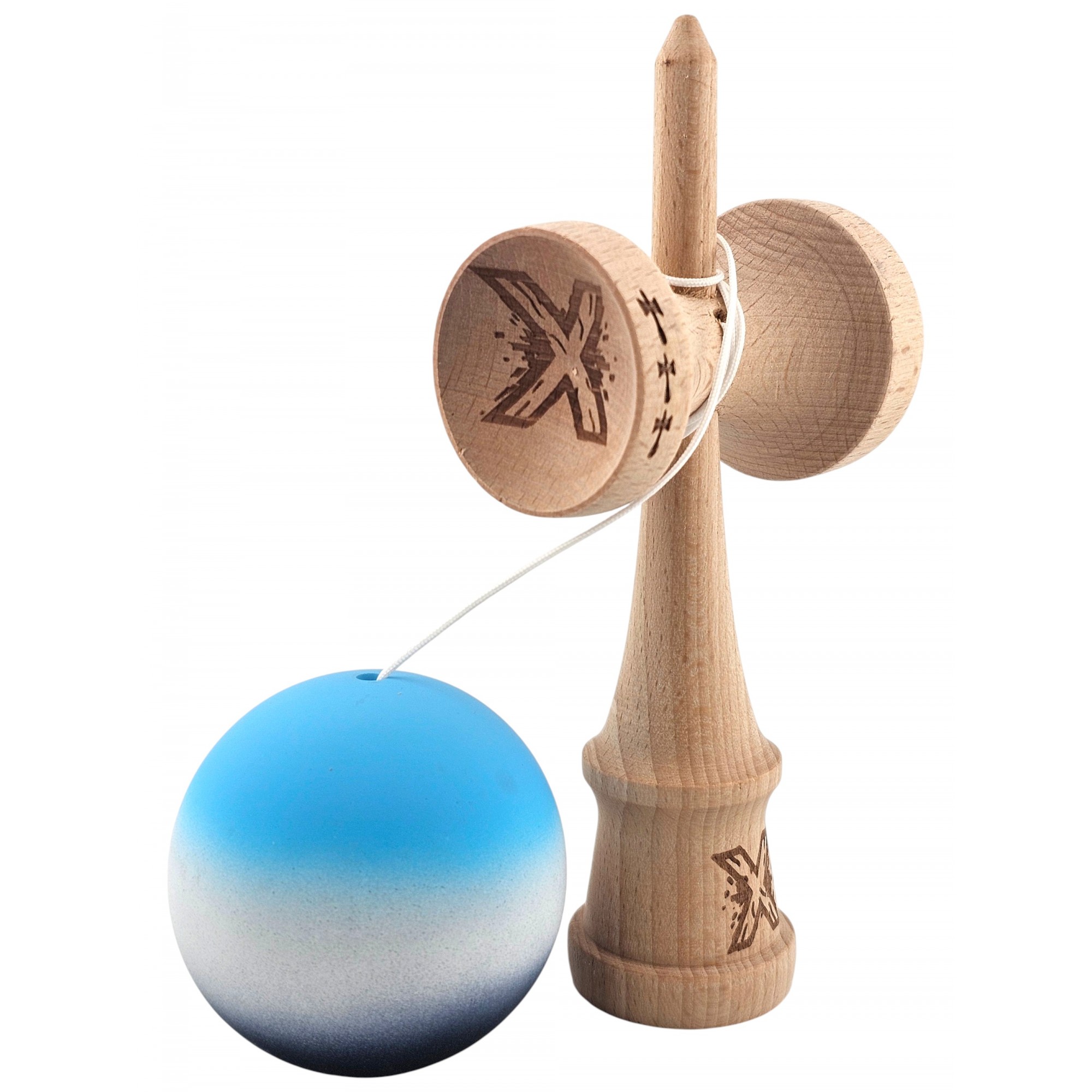 Kendama X Originala, Profesionala, Flippy, Big Cups V2, Rubber Grip cu Cupe Mari, Rulment Metalic cu Ata 55 cm, Gradient Albastru/Alb/Negru [2]