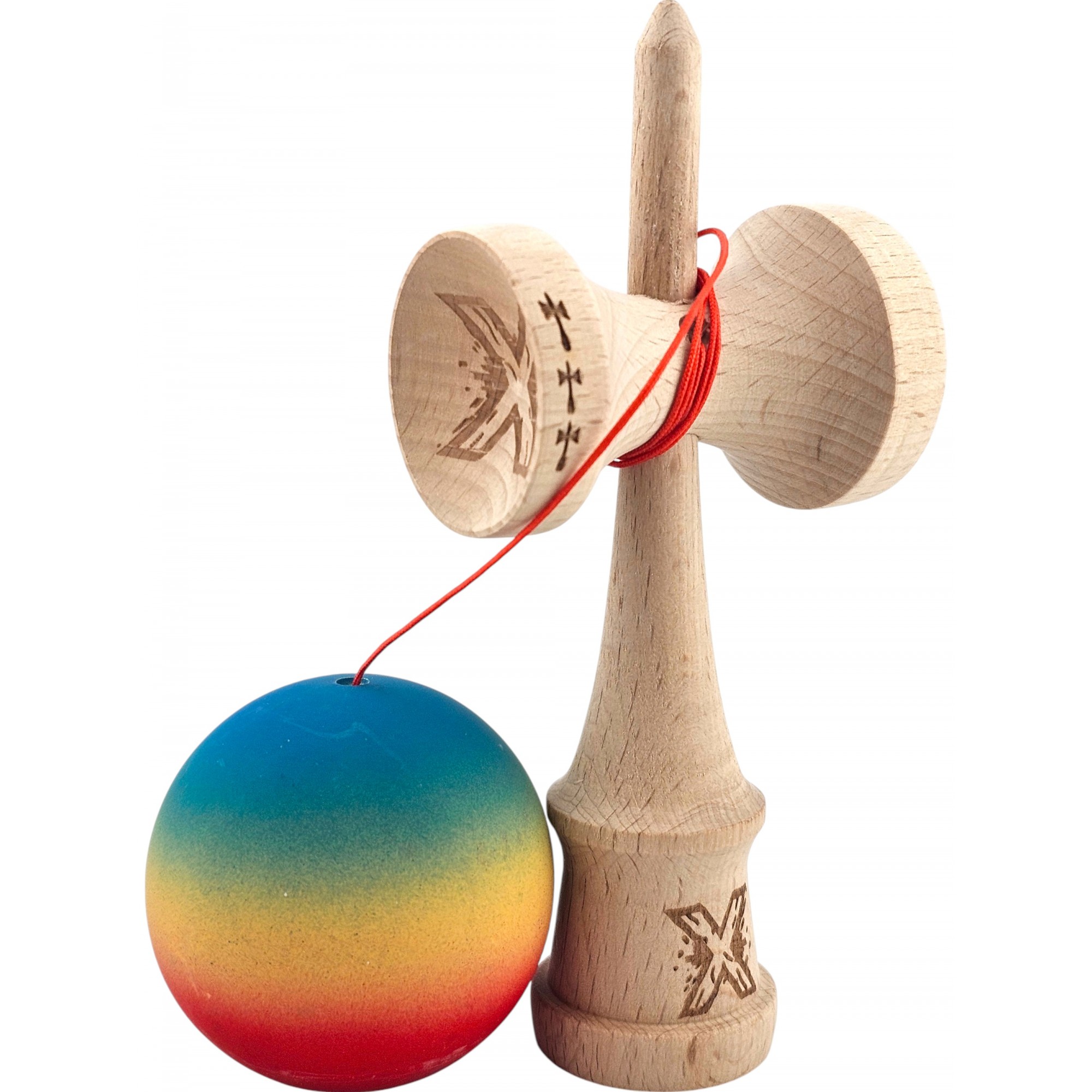 Kendama X Originala, Profesionala, Flippy, Big Cups V2, Rubber Grip cu Cupe Mari, Rulment Metalic cu Ata 55 cm, Gradient Albastru/Galben/Rosu [2]