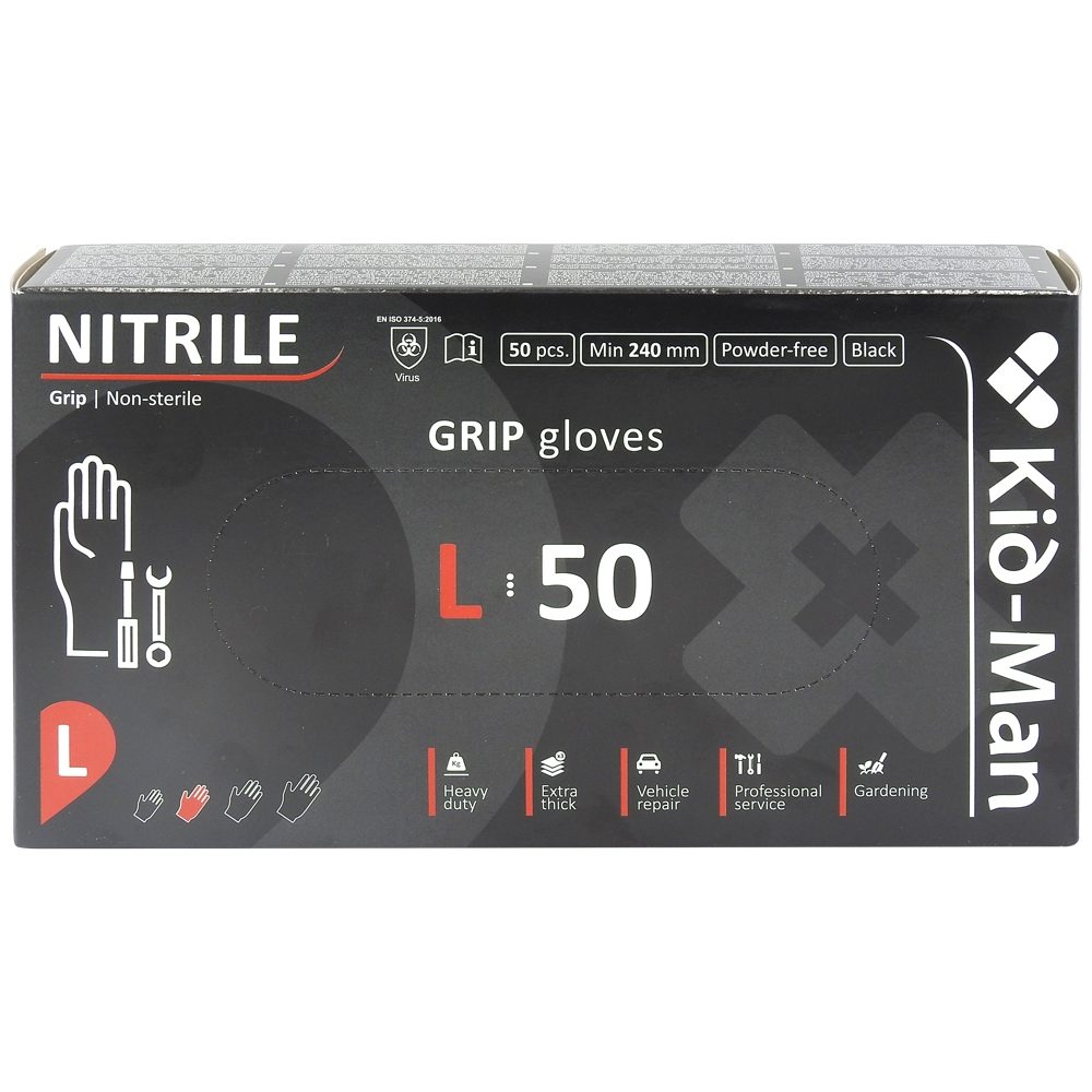Detergenți și soluții de curățenie - Kid-man Manusi Nitril Grip N50 Nepudrate Negre L 50 buc