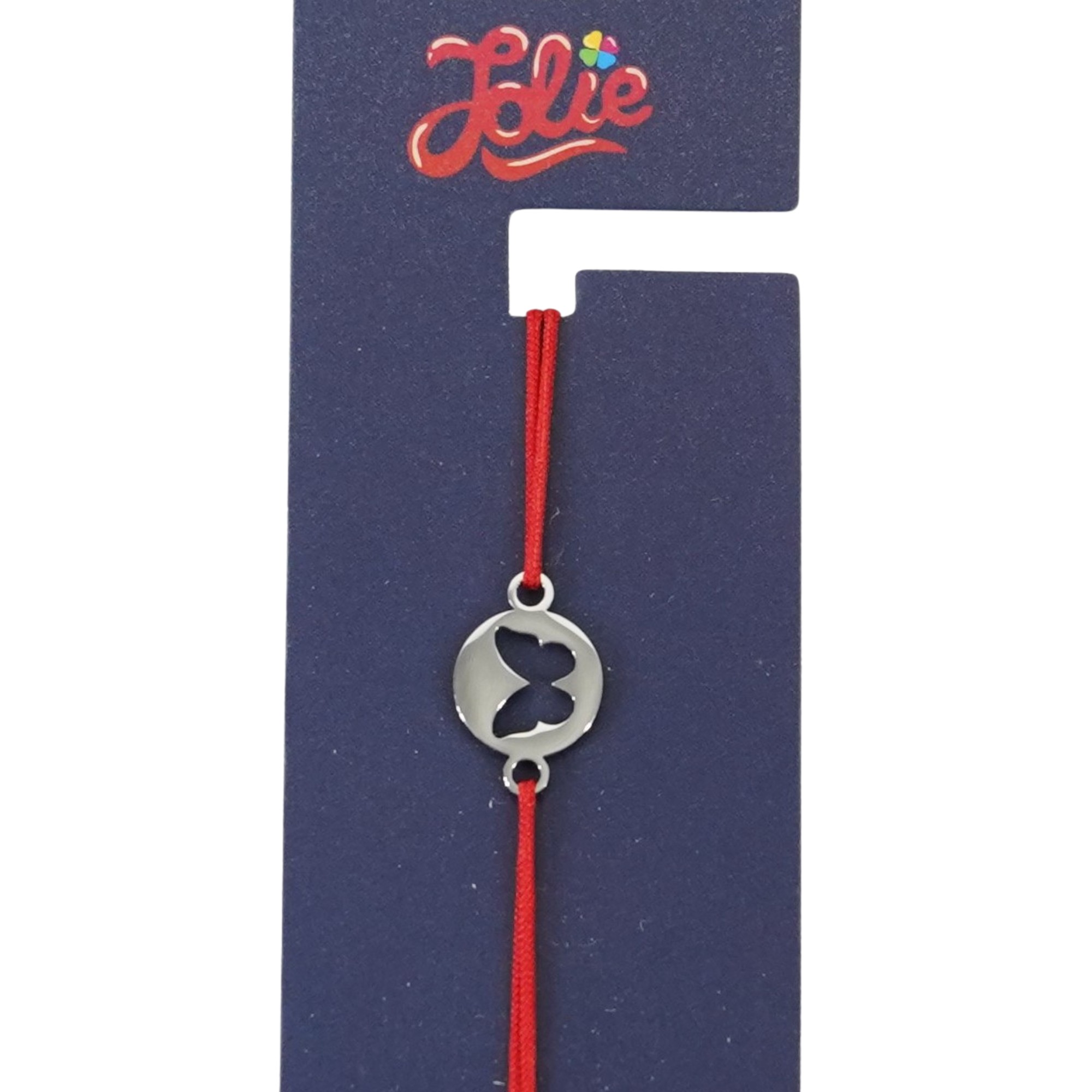 Martisor Bratara din Inox pentru Copii, Jolie, Textil si Inox, Snur Rosu, Model Fluture, Argintiu [1]