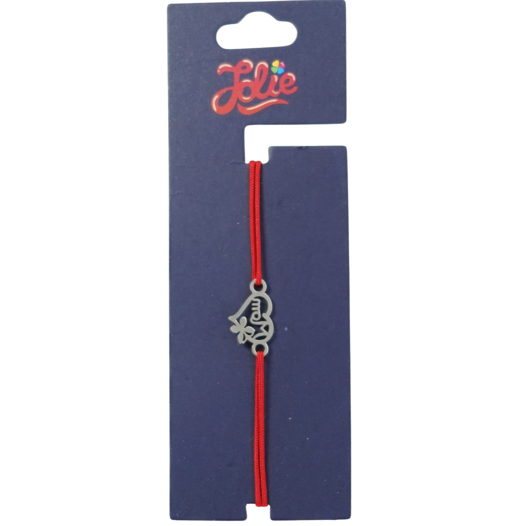 Bijuterii copii - Martisor Bratara din Inox pentru Copii, Jolie, Textil si Inox, Snur Rosu, Model Inima Mama, Argintiu
