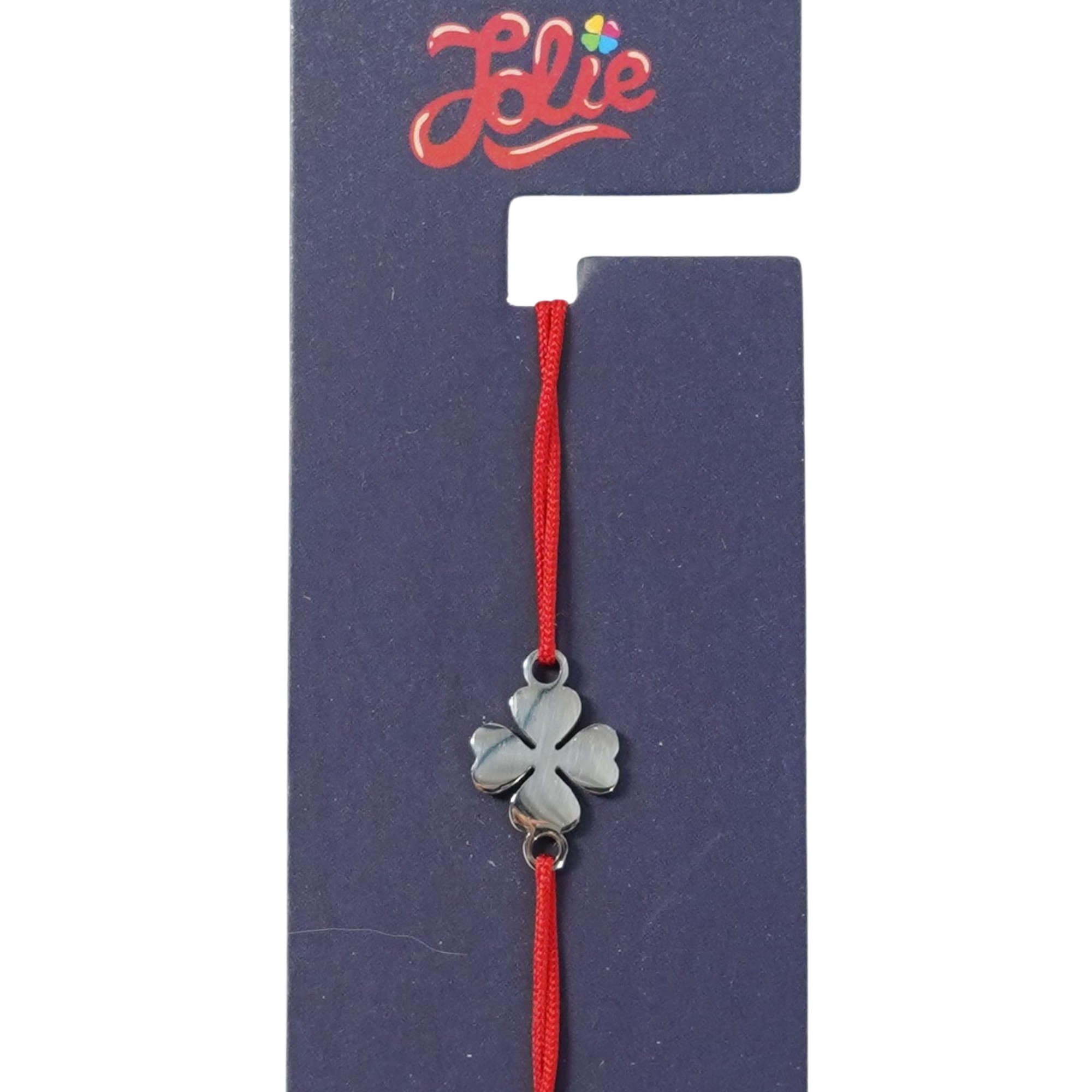 Martisor Bratara din Inox pentru Copii, Jolie, Textil si Inox, Snur Rosu, Model Trifoi cu Patru Foi, Argintiu [1]