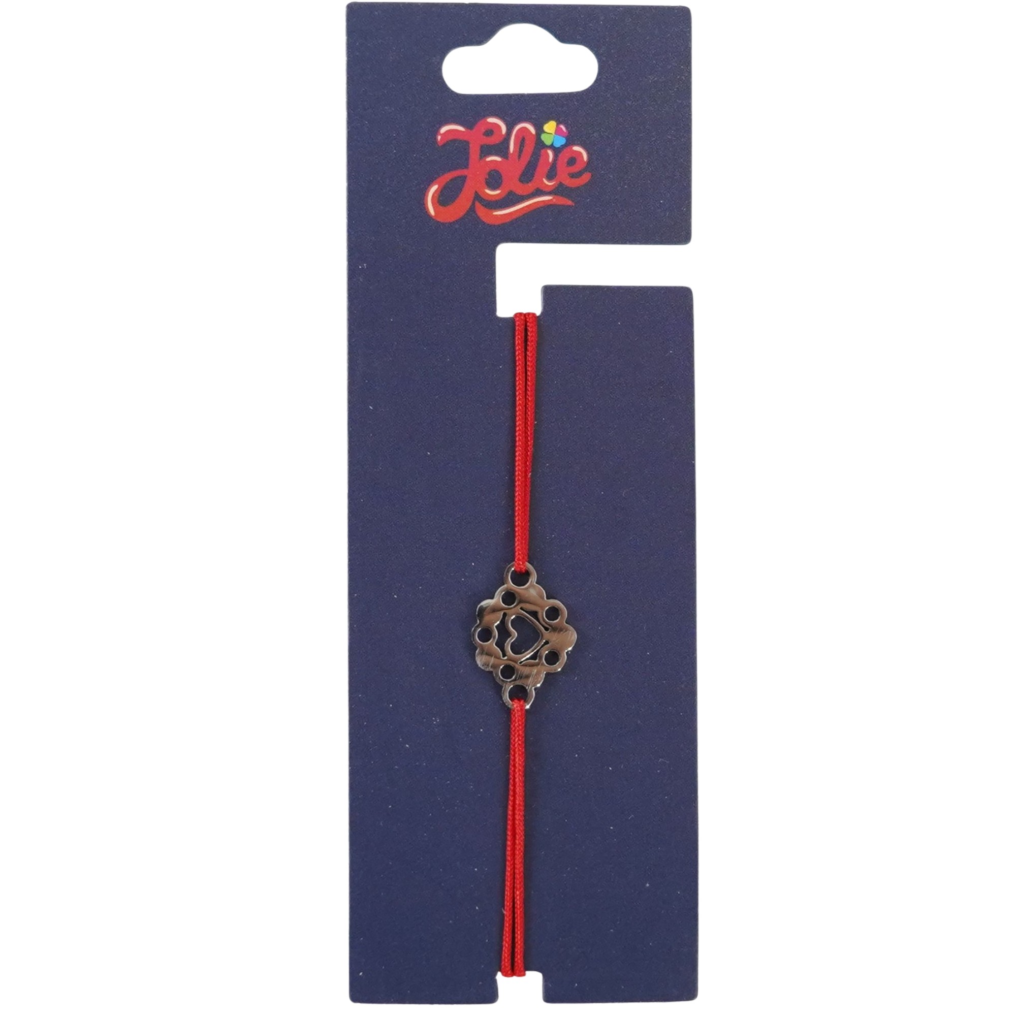 Bijuterii copii - Martisor Bratara din Inox pentru Copii, Jolie, Textil si Inox, Snur Rosu, Model Inima, Argintiu