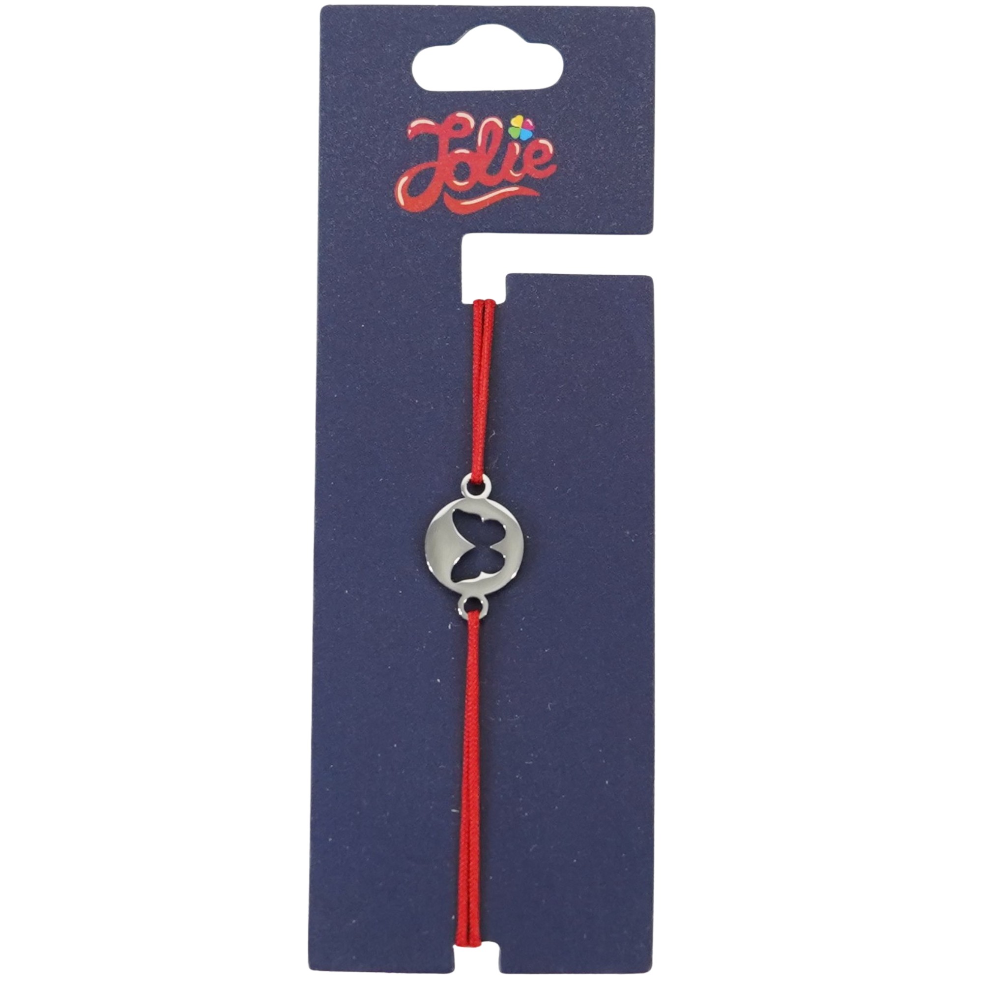 Bijuterii copii - Martisor Bratara din Inox pentru Copii, Jolie, Textil si Inox, Snur Rosu, Model Fluture, Argintiu