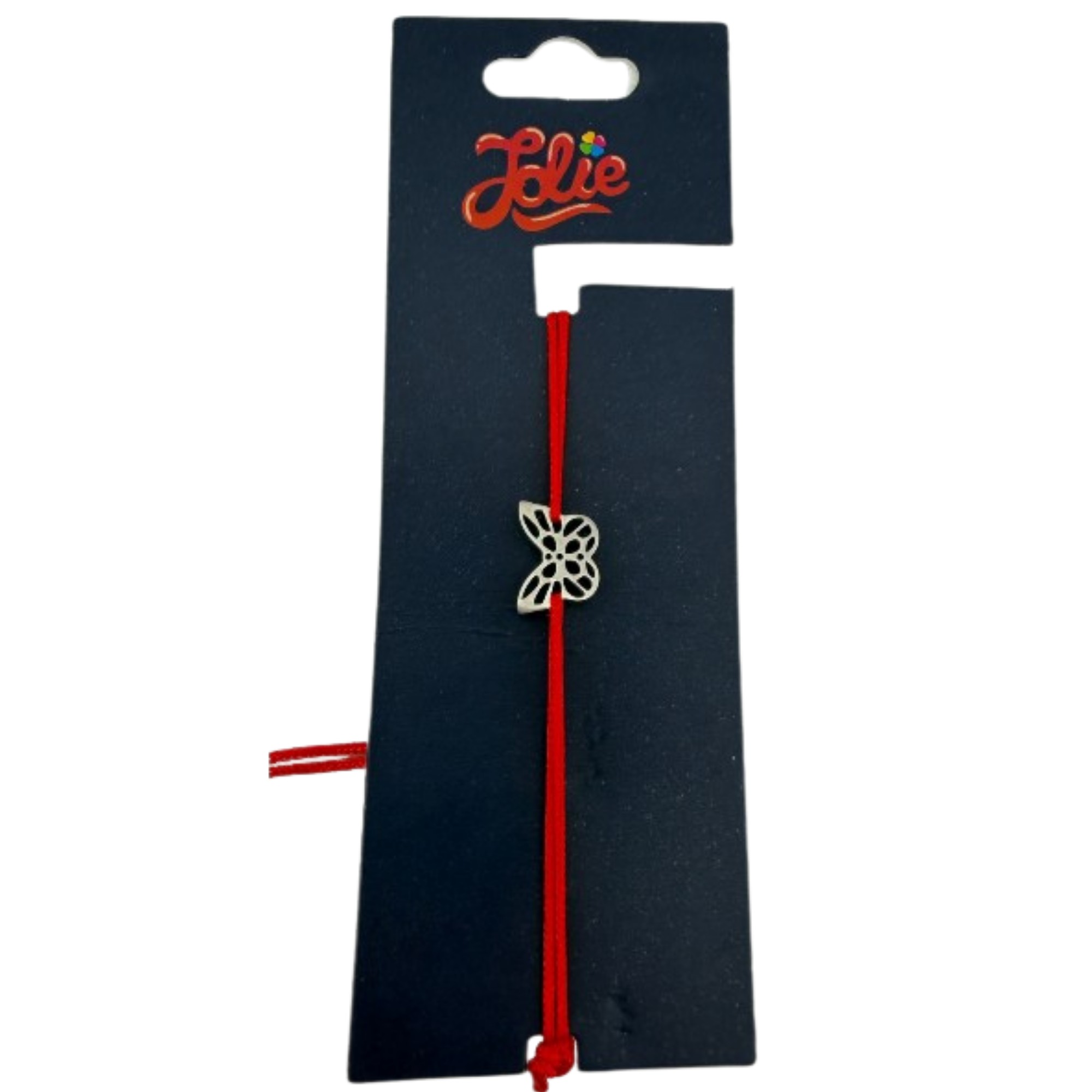 Martisor Bratara din Inox pentru Copii, Jolie, Textil si Inox, Snur Rosu, Model Fluture Plin, Argintiu [1]