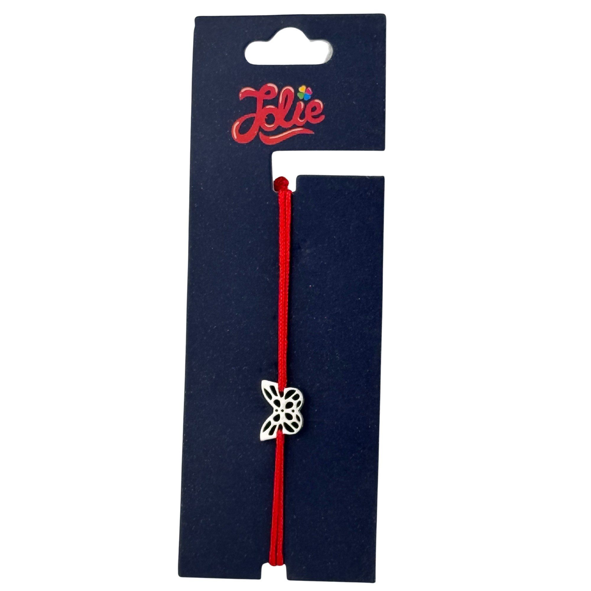 Martisor Bratara din Inox pentru Copii, Jolie, Textil si Inox, Snur Rosu, Model Fluture Plin, Argintiu [0]