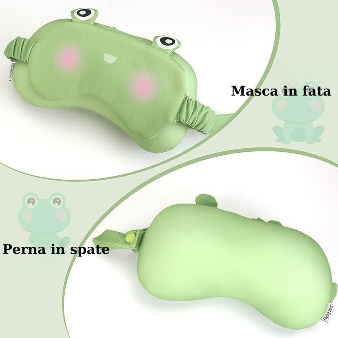 Masca de dormit, Flippy, 2 in 1, cu Tetiera, din Particule de Spuma si Bumbac, Model Broasca ,Verde [6]