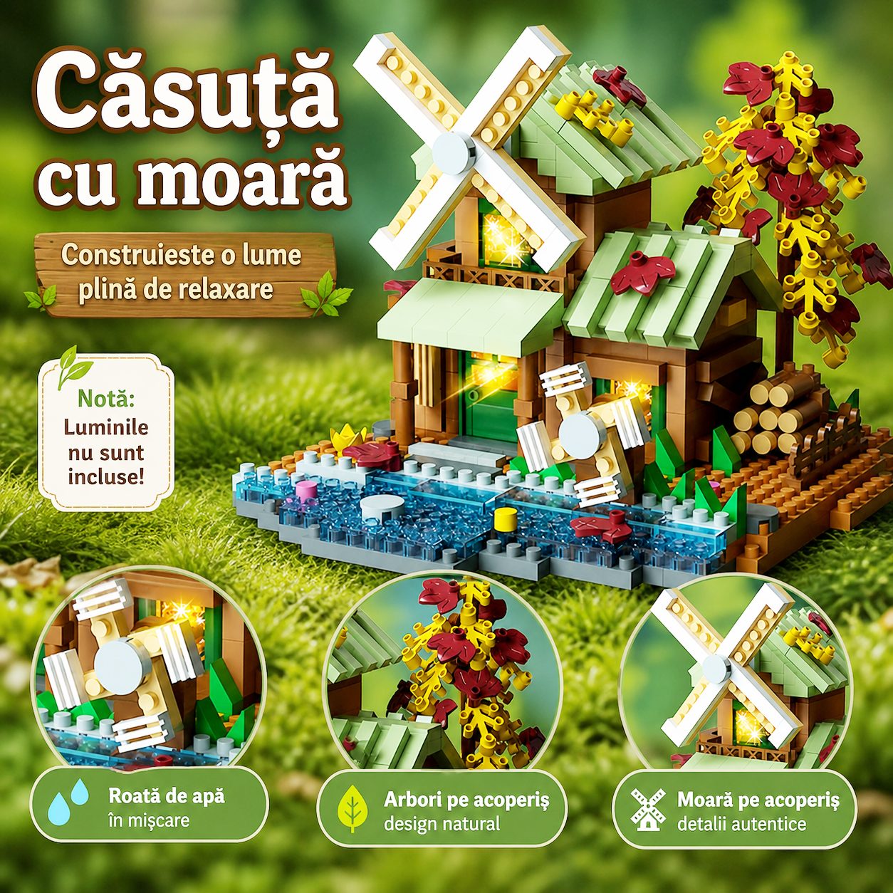 Set constructie, Flippy, Forest Log Cabin, din ABS, Model Casuta cu Moara de Vant, 717 piese, 10.4x11.7x9 cm, Multicolor [3]