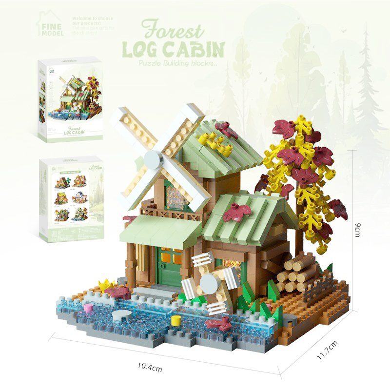 Set constructie, Flippy, Forest Log Cabin, din ABS, Model Casuta cu Moara de Vant, 717 piese, 10.4x11.7x9 cm, Multicolor [1]
