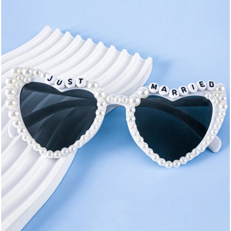 Ochelari Decorativi, Flippy, Model Just Married, cu Perle, pentru Nunta, din PC, 15.3 x 5.7 x 14.5 cm, Alb [1]