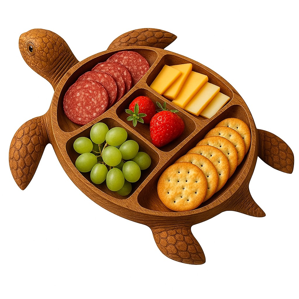 Pentru Casa si Camping - Platou pentru Servire, Flippy, in Forma de Broasca Testoasa, 3 Compartimente pentru Mezeluri, Branzeturi, Snacksuri, Fructe, Design Artistic, din Lemn Masiv, 24 x 24 x 3 cm, Maro