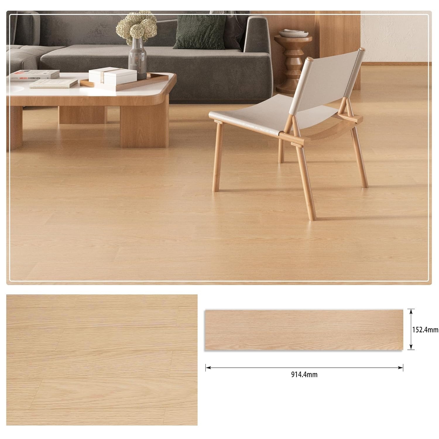 Set 36 Placi Autoadezive pentru Pardoseala, Flippy, din PVC, Impermeabil, Ignifug, Usor de Curatat, Dimensiune Placa 91.44 x 15.24 cm, Grosime 1.5 mm, Acoperire 5 m2, Model 9, Bej [1]