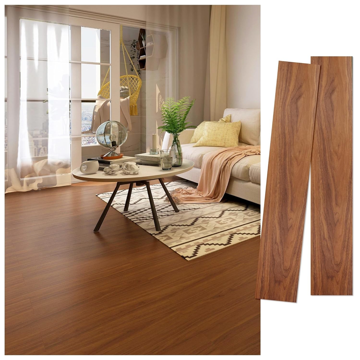 Set 36 Placi Autoadezive pentru Pardoseala, Flippy, din PVC, Impermeabil, Ignifug, Usor de Curatat, Dimensiune Placa 91.44 x 15.24 cm, Grosime 1.5 mm, Acoperire 5 m2, Model 8, Caramiziu [2]