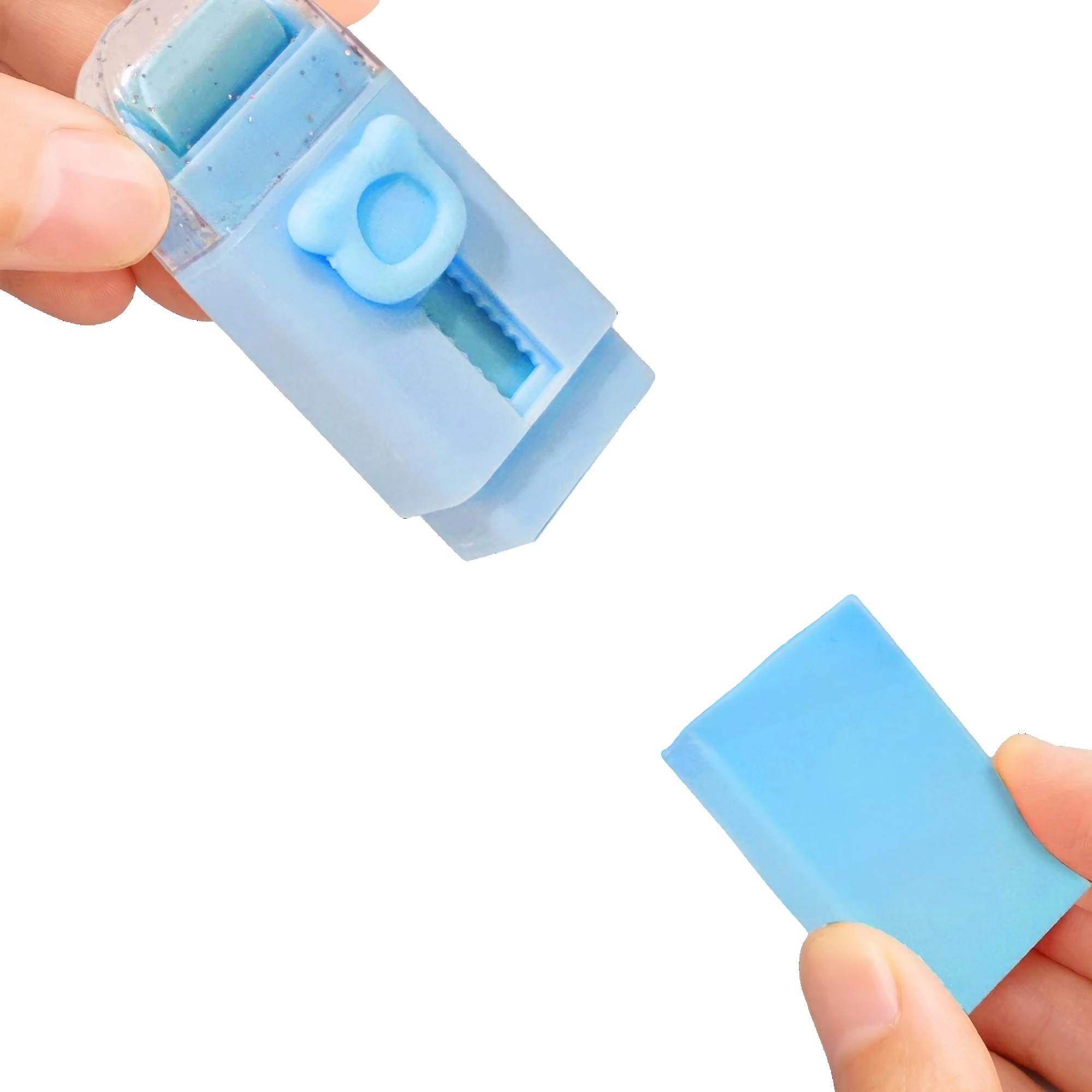 Radiera Retractabila, Flippy, Model Ursulet, Reglare Push-Pull, Radiera de tip Push, Doua Radiere de Rezerva in set din Cauciuc, Albastru deschis [1]