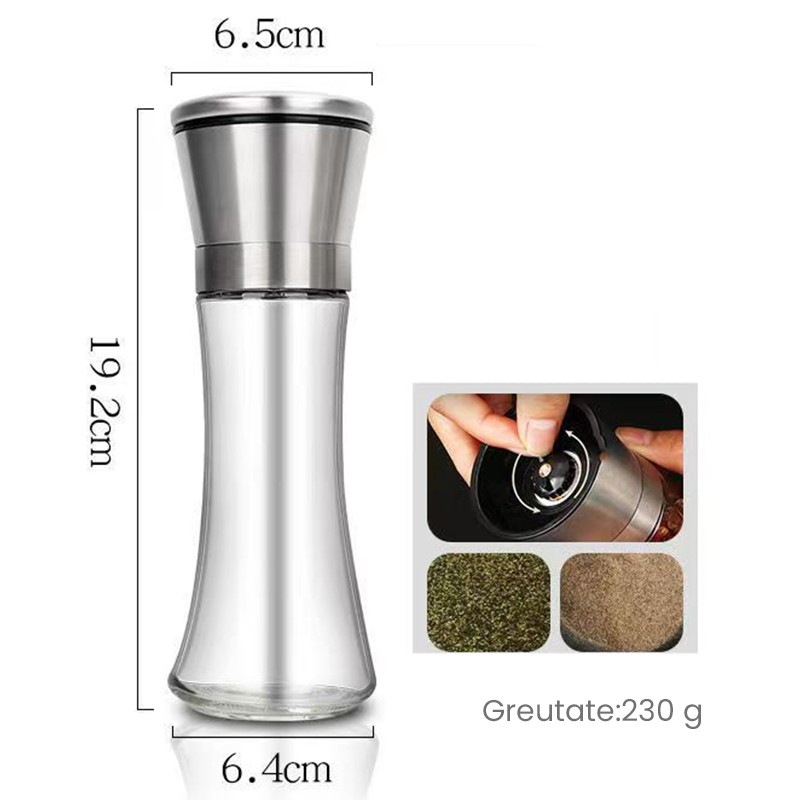 Rasnita Manuala pentru boabe, Flippy, Rasnita pentru Piper Sare Cafea, din Sticla cu Otel inoxidabil, 19.2 x 6.4 cm, volum 200 ml, Transparenta cu Capac din Inox [1]
