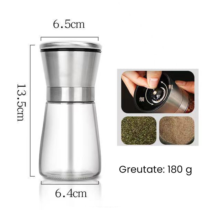 Rasnita Manuala pentru boabe, Flippy, Rasnita pentru Piper Sare Cafea, din Sticla cu Otel inoxidabil, 13.5 x 6.5 cm, volum 180 ml, Transparenta cu Capac din Inox [1]