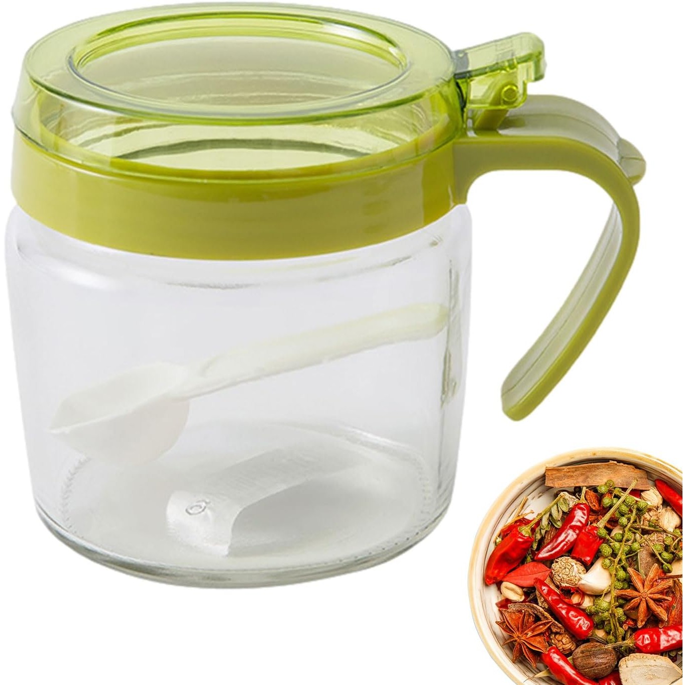 Recipient Condimente, Flippy, din Stilca, 180 ml, cu Maner si Lingurita, 8 x 9 cm, Capac Transparent, Verde [5]