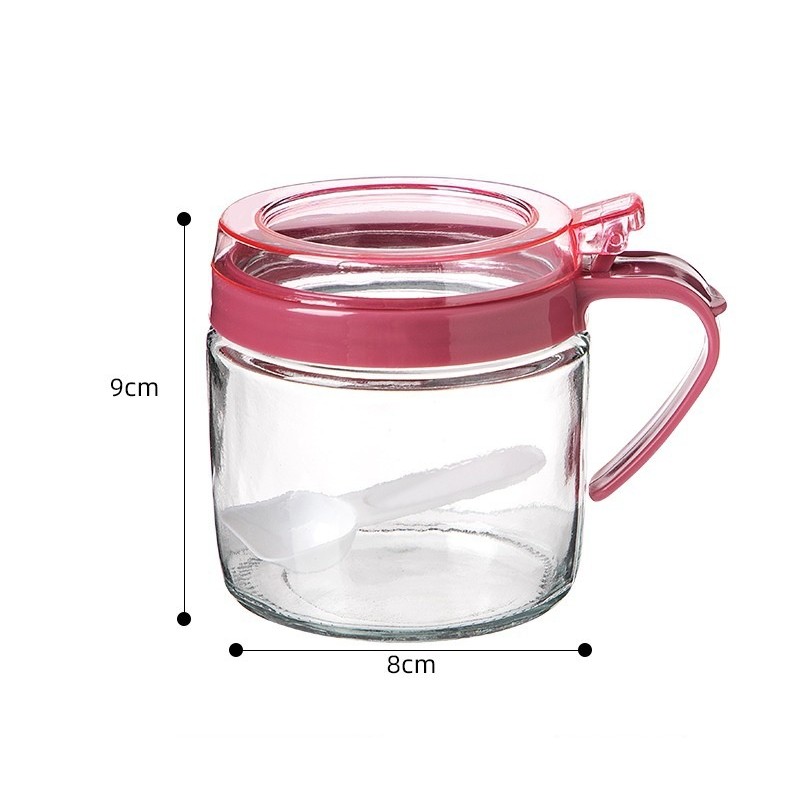 Recipient Condimente, Flippy, din Stilca, 180 ml, cu Maner si Lingurita, 8 x 9 cm, Capac Transparent, Roz [3]