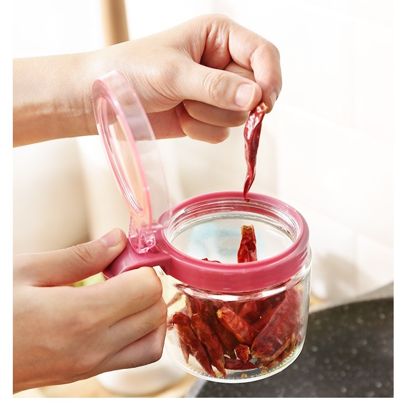 Recipient Condimente, Flippy, din Stilca, 180 ml, cu Maner si Lingurita, 8 x 9 cm, Capac Transparent, Roz [1]
