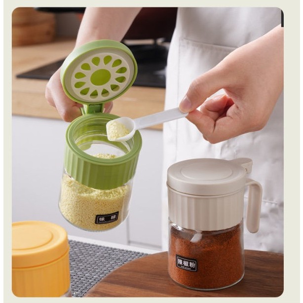 Recipient Condimente, Flippy, din Stilca, 180 ml, cu Maner si Lingurita, 10.6 x 7 x 7 cm, Capac Mat, Verde [4]