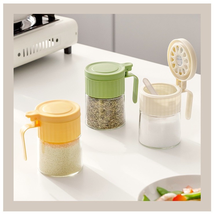 Recipient Condimente, Flippy, din Stilca, 180 ml, cu Maner si Lingurita, 10.6 x 7 x 7 cm, Capac Mat, Verde [2]