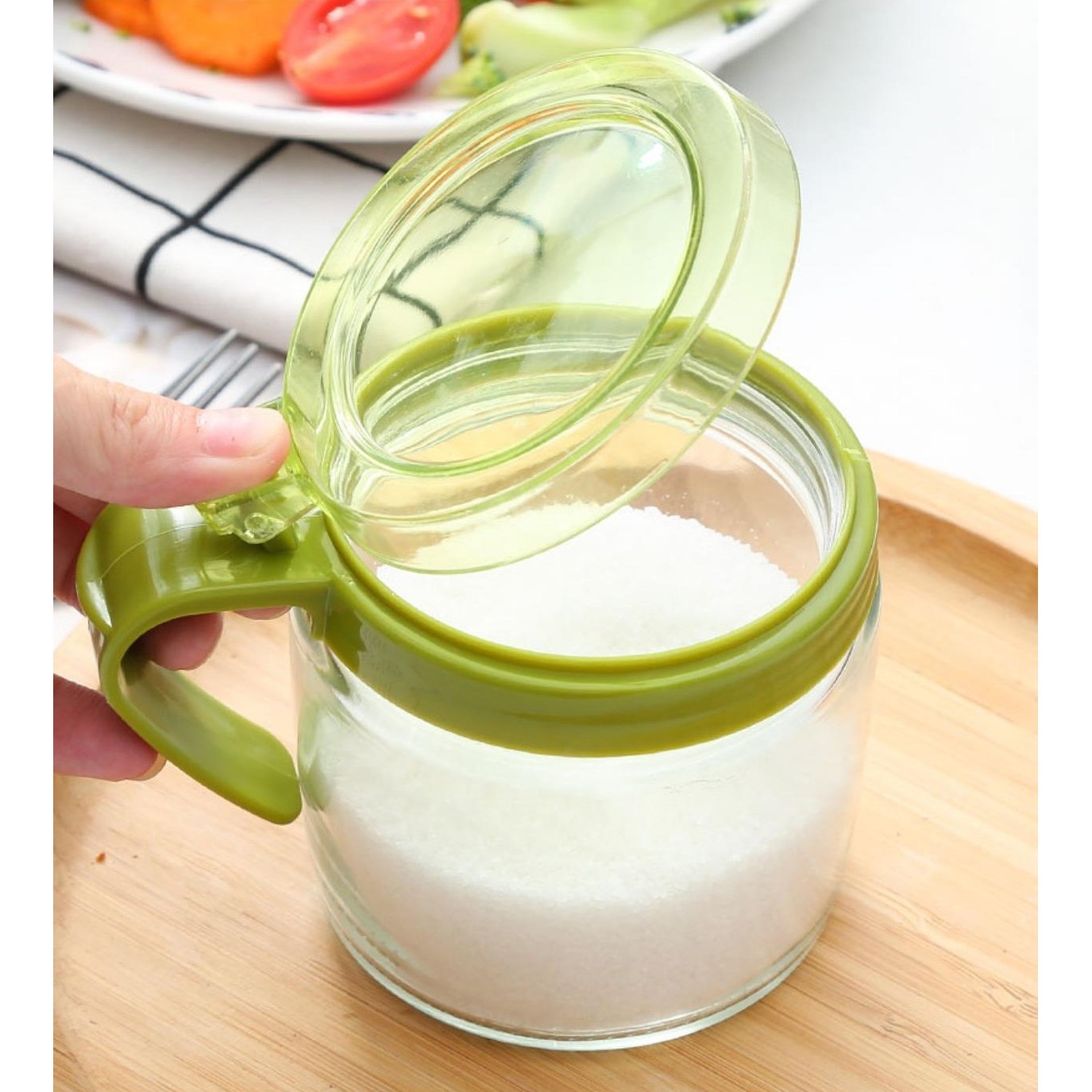 Recipient Condimente, Flippy, din Stilca, 180 ml, cu Maner si Lingurita, 8 x 9 cm, Capac Transparent, Verde [8]