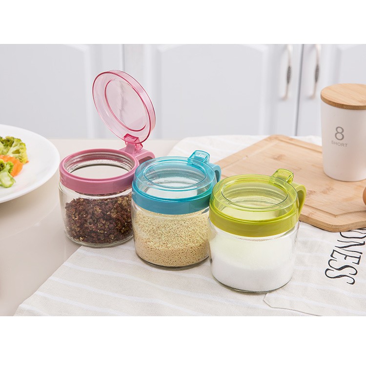 Recipient Condimente, Flippy, din Stilca, 180 ml, cu Maner si Lingurita, 8 x 9 cm, Capac Transparent, Albastru [8]