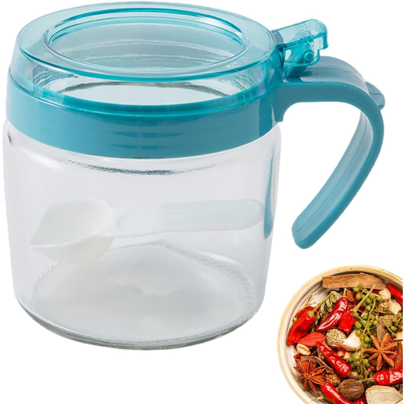 Recipient Condimente, Flippy, din Stilca, 180 ml, cu Maner si Lingurita, 8 x 9 cm, Capac Transparent, Albastru [5]