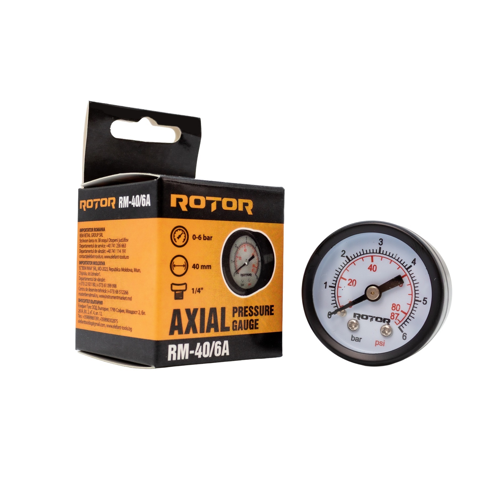 Consumabile, piese și accesorii - RM-40/6A, Manometru axial apa 0-6 bar, 40 mm, conexiune 1/4", ROTOR