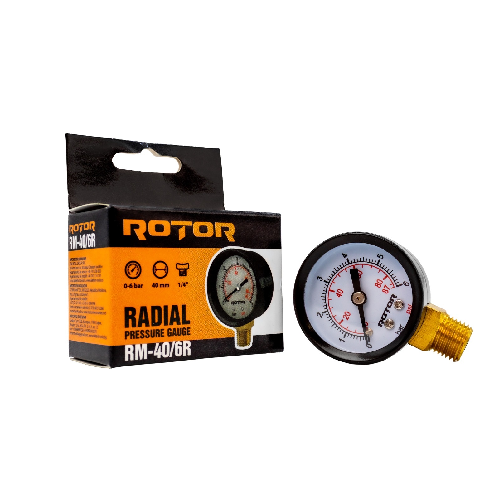 Consumabile, piese și accesorii - RM-40/6R, Manometru radial, apa 0-6 bar, 40 mm, conexiune 1/4", ROTOR