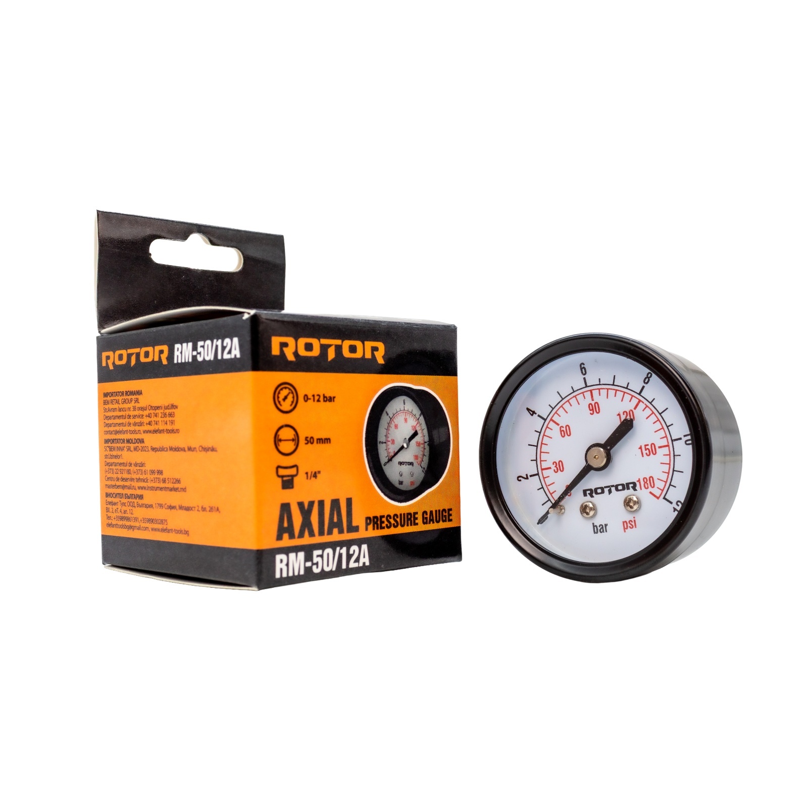 Consumabile, piese și accesorii - RM-50/12A, Manometru axial apa 0-12 bar, 50 mm, conexiune 1/4", ROTOR